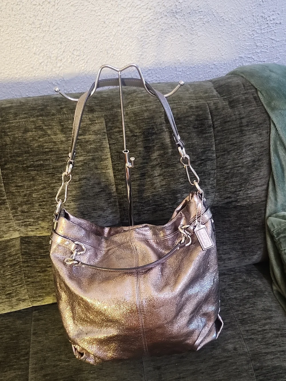 Coach Metallic Pewter Leather Tote - Silver/Brown Tone